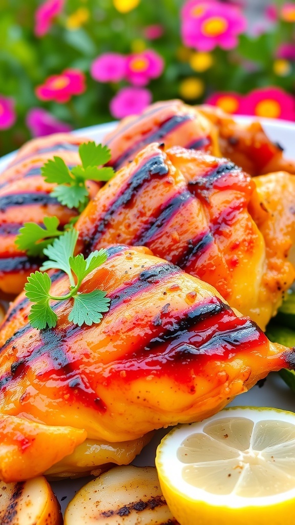 Juicy Grilled Chicken Thighs Juicy grilled chicken thighs on a plate with parsley and grilled vegetables.